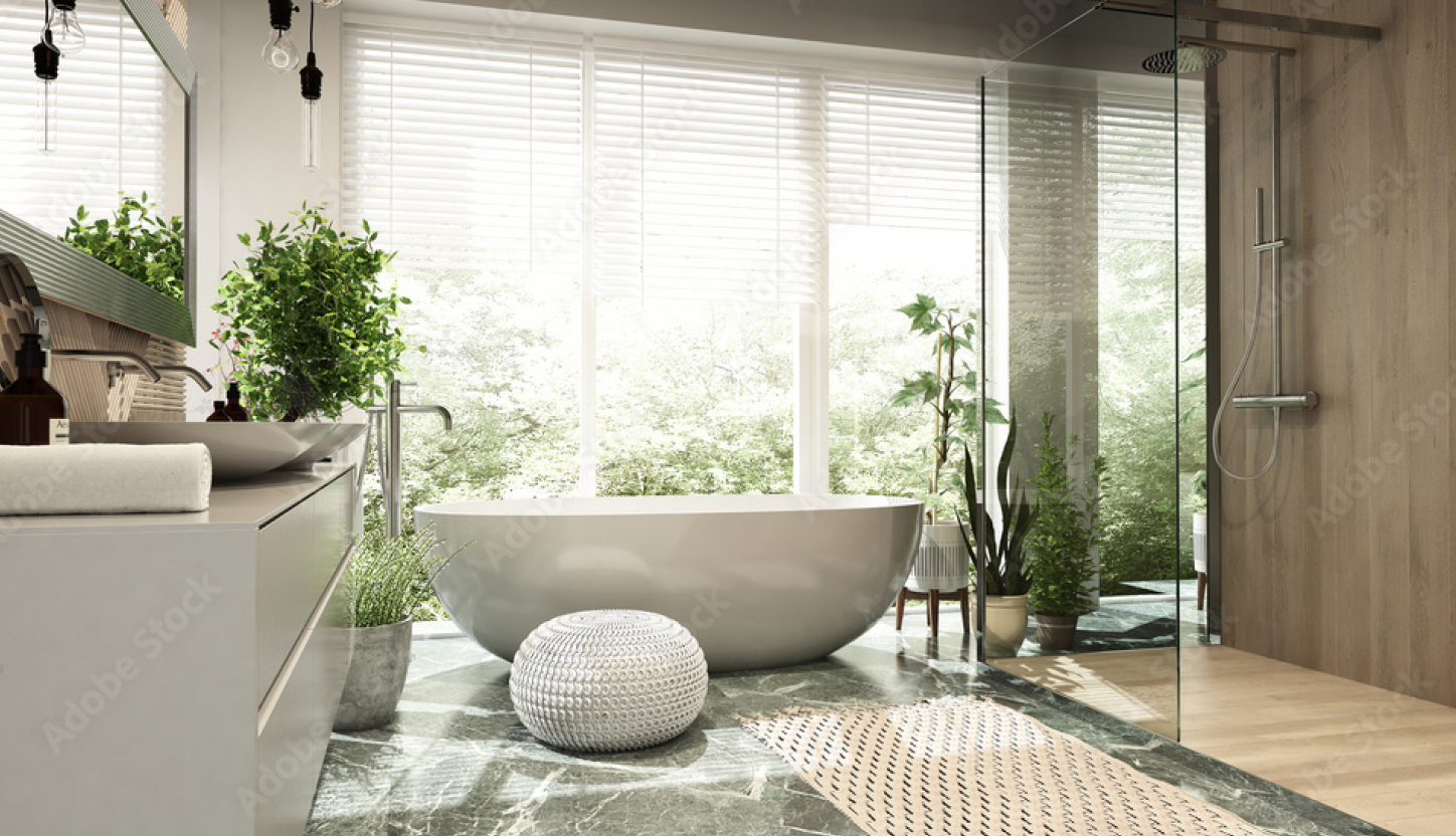 Bagno loft su misura con materiali grezzi e superfici materiche